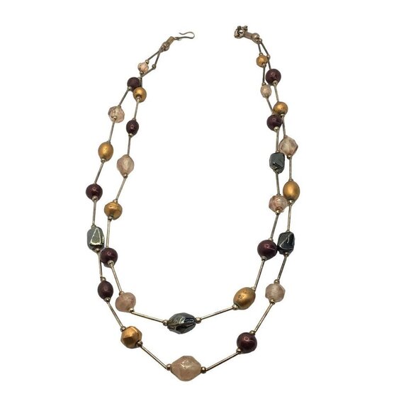 Vintage Double Strand Necklace Mixed Beads Silver Green Gold Purple Adjustable L - Picture 2 of 4